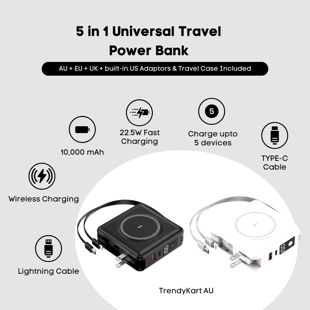 5 in 1 Universal Travel Power Bank 10000mAh Wireless Fast Charger with Adaptors & Travel Case